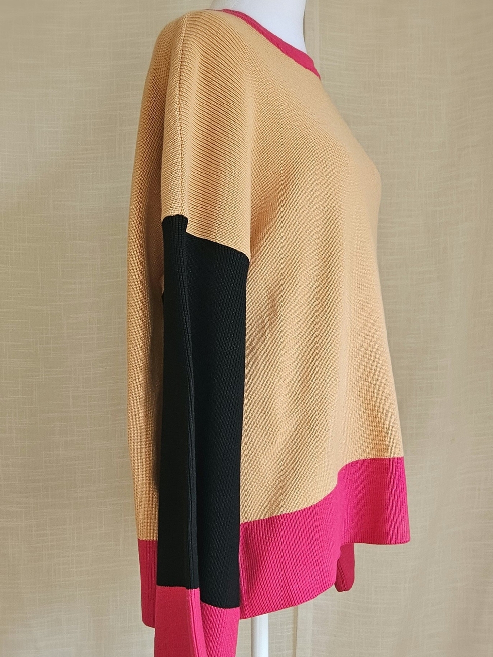 BiBi Colorblock Knit Sweater NWT Medium Tan Pink Black Wool Blend Oversized - Picture 3 of 12